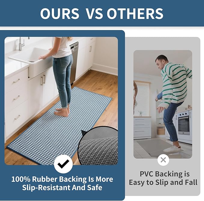 YDKGL Long Kitchen Runner Rugs Kitchen Mat Non Slip Washable, Super Absorbent Soft Chenille Braided Kitchen Mats for Floor, Rubber Backing Kitchen Floor Sink Standing Mat, Easy Clean, Blue 17"x71"