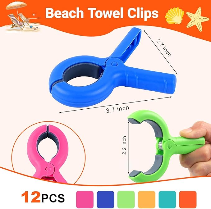 12 Pack Beach Towel Clips for Beach Chairs, Large Towel Clips for Beach Chairs Pool Chairs on Cruise, Windproof Plastic Clothes Pins Heavy Duty Outdoor 6 Colors