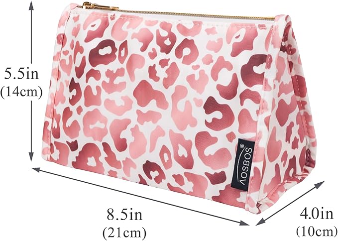 Aosbos Premium Small Makeup Bag, Compact Cosmetic Pouch, Travel-Size Make UP Case for Women, Leopard, Pink