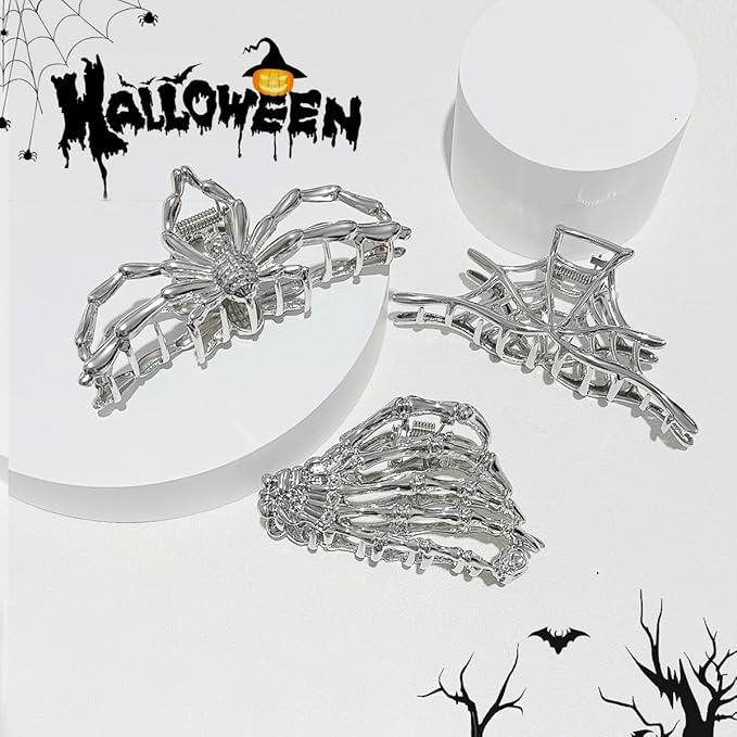 3 Pieces Large Metal Spider Net Hand Hair Claw Clips for Women and Girls Thick Long Hair, Nonslip Skeleton Spooky Barrette Headband Hair Styling Accessories for Halloween Christmas Gifts