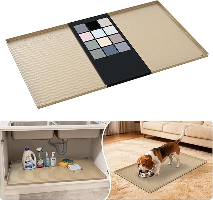 URMONA Waterproof Silicone Under Sink Mat 37'' x 22'' Shelf Liner for Kitchen and Bathroom, Cabinet and Counter Protector, Storage and Organizers, Litter Mat, Pet Cat Puppy Essentials (Khaki)