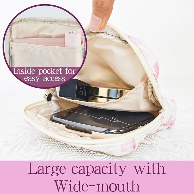 Small Floral Quilted Makeup Bag, Coquette Aesthetic Travel Toiletry Organizer for Women, Lightweight Cotton Cosmetic Pouch