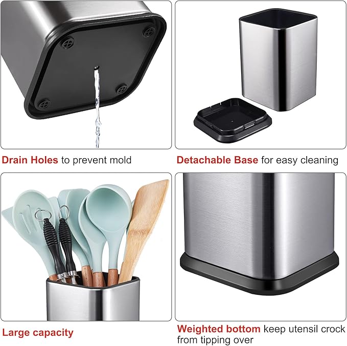 RedCall Stainless Steel Kitchen Utensil Holder for Countertop, Spoon Spatula Organizer, Modern Rectangular Large Cooking Utensil Caddy Counter, Utensil Crock Silver