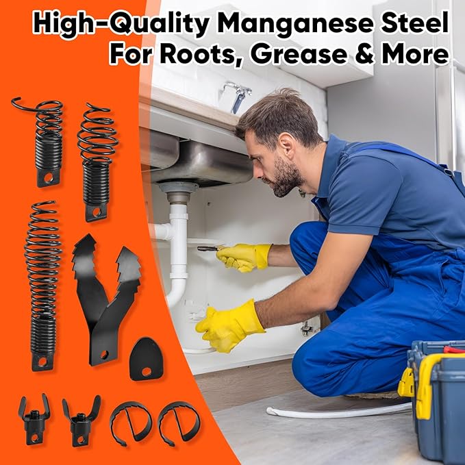 9-Piece Drain Snake Attachment for 5/16" to 3/4" Cables Heavy-Duty Manganese Steel Cutters for Roots Grease and Stubborn Clogs Includes 9 heads Storage Case and Metal Ring