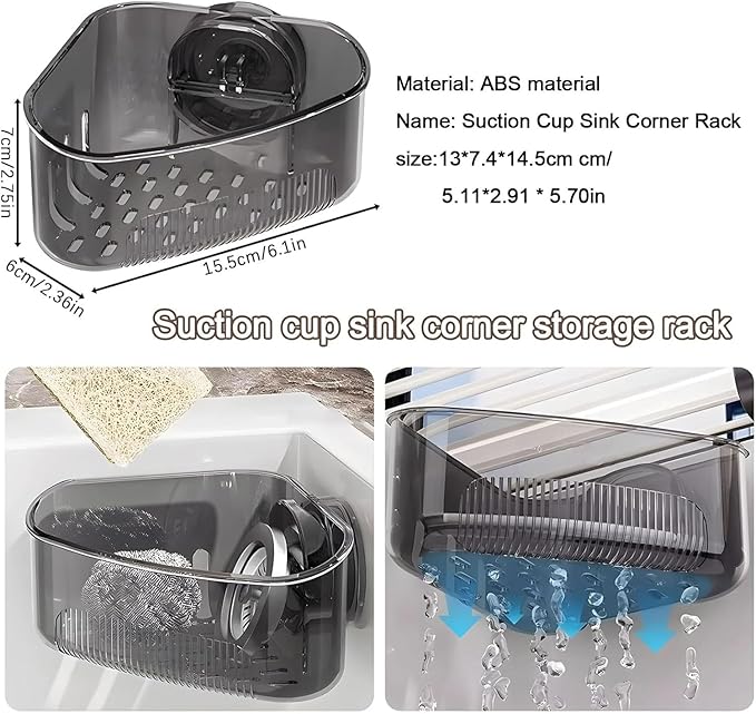 2PCS Sink Organizer Rack for Kitchen for Sponges, Scrubbers, Sink Corner Drain Box,with Adhesive Suction Cup Mount (Black)