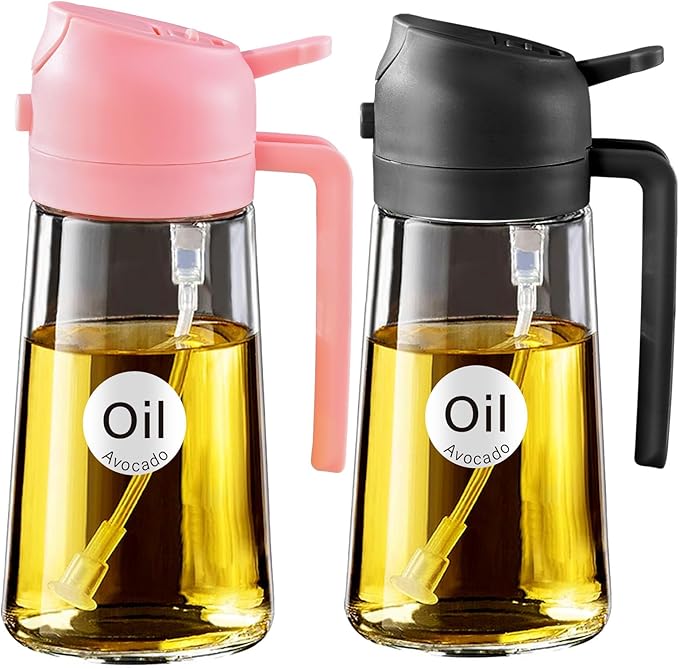 YARRAMATE 2Pcs 16oz/470ml Glass Olive Oil Sprayer for Cooking with Stickers, 2 in 1 Oil Dispenser for Kitchen Gadgets, Food Grade Premium Spray Bottle with Portion Control for Salad, BBQ (Pink&Black)