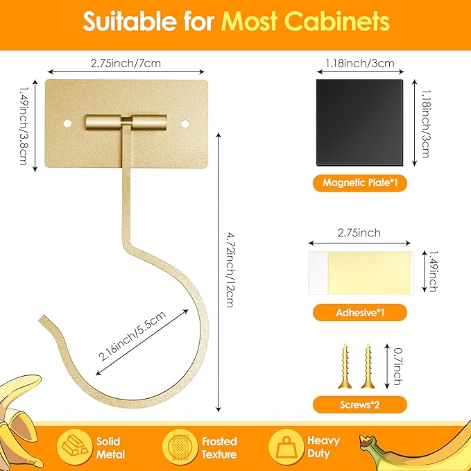 Self Adhesive Banana Hook Under Cabinet Foldable Banana Hanger Metal Under Counter Banana Hook to Keep Bananas Fresh Banana Holder for Kitchen RV Space Saving, Golden