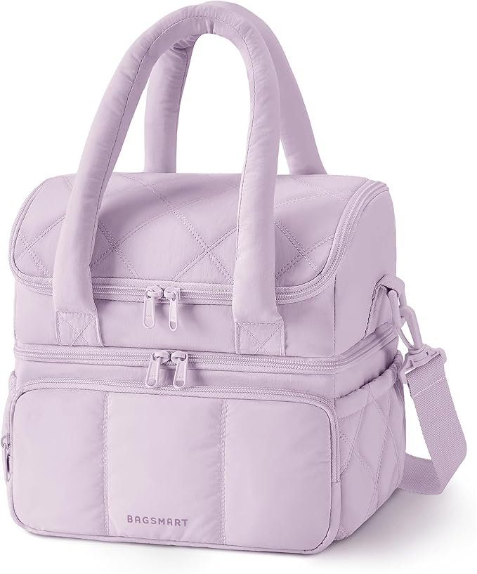 BAGSMART Lunch Bag Women, Double Deck Insulated Lunch Box, Quilted Puffer Lunch Tote, Leakproof, Durable & Reusable Large Lunch Cooler For Work Picnic Travel Meal Prep, Lavender Purple