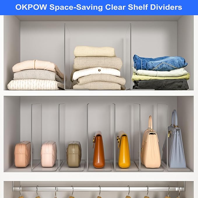 OKPOW Shelf Dividers Closet Organizer - 12" Tall X 9" Deep Acrylic Clear Sturdy Separate for Clothes Purse - Adjustable Space Saver Easy Install for Home Organization Enthusiasts 12 Pack