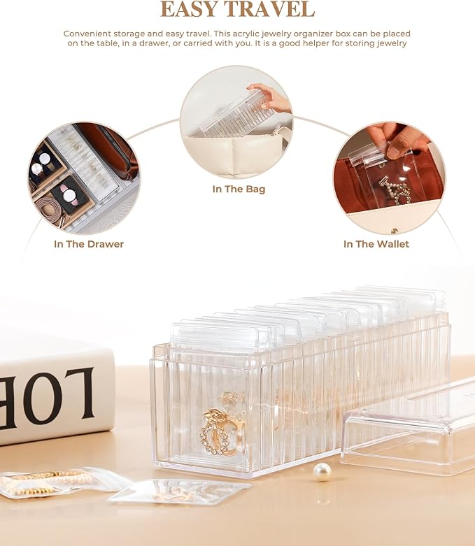 Acrylic Jewelry Box Organizer, Clear Jewelry Organizer and Storage with 20 Portable Anti Tarnish Jewelry bags, Travel Jewelry Case for Earrings/Rings/Necklaces Gifts for Women Girls, Clear