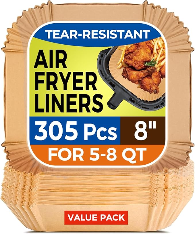 Vailnd Air Fryer Liners Disposable, 305 PCS Unbleached Air Fryer Paper Liners, 8" Square Airfryer Liners for 5-8 QT Airfryer Basket, Non-stick & Oil-Proof Parchment Paper for Oven, Pan