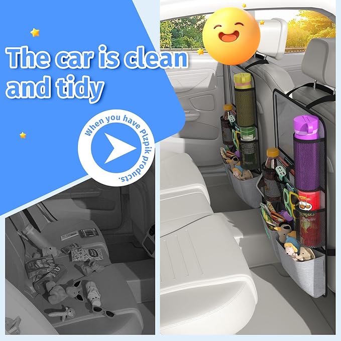 Car Backseat Organizer with Tablet Holder, 11 Storage Pockets with Foldable Food Tray, Protector Kick Mats for Kids, Travel Accessories Organizer (Gray, 2-Pack)