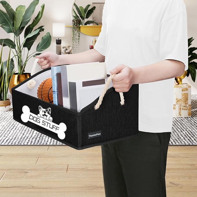 Collapsible Fabric Dog Toy Box and Storage Bin With Handle - Trapezoid Basket Chest Organizer for Pet Toys, Blankets and Accessories, Black