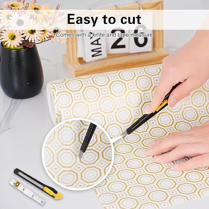 Drawer and Shelf Liner for Kitchen Cabinet,Non-Adhesive Cabinet Liner 24in x 10FT,Waterproof Shelf Paper Non-Slip Mats Cupboard Liners Contact Protect Dresser/Shelves/Table-Gold Octagonal