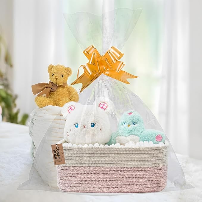 COMFY-HOMI 13" x 8.5" x 5.1" Storage Baskets for Organizing | Cotton Rope Woven Basket | Toy Storage Bin Box | Basket for Shelves, Closet Organizer Bin, Decorative Closet Shelf, 1 Pack, white/pink