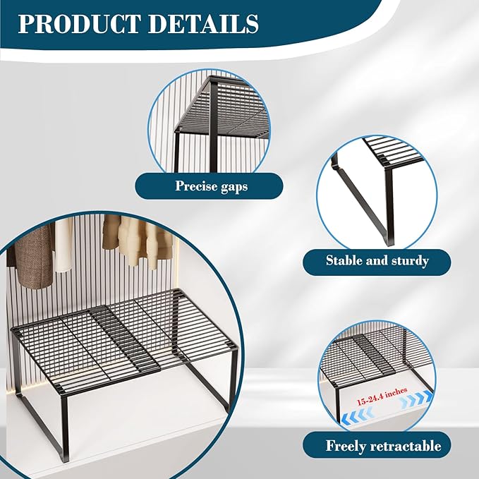 Extendable Metal Wire Shelf Organizer - Adjustable 15-24.4in Length, Stackable Storage Rack for Kitchen/Pantry/Bathroom/Shoe Cabinet/Tool Closet (4,Black)