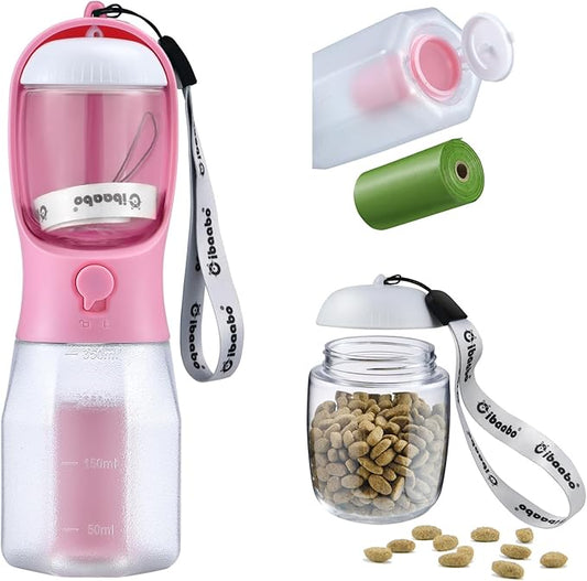 Dog Water Bottle with Food Container & Poop Bag Holder, Travel Water Bowl, Portable Pet Dispenser, Dog Gifts Stuff Accessories Items, Puppy Essentials for Yorkie Chihuahua Walking Hiking