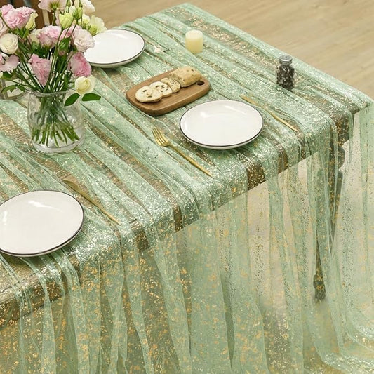 Horaldaily Sage Green Gauze Tablecloth 52x70 Inch Rectangular, Golden Sequin Glitter Metallic Foil, Sheer Tulle Cheesecloth for Wedding Baby Shower Ceremony Birthday
