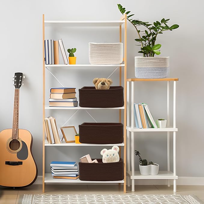 COMFY-HOMI 13" x 8.5" x 5.1" Storage Baskets for Organizing | Cotton Rope Woven Basket | Toy Storage Bin Box | Basket for Shelves, Closet Organizer Bin, Decorative Closet Shelf, 3 Pack, Dark brown