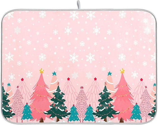 Christmas Tree Pink Dish Drying Mat for Kitchen Countertop 18x24 Winter Snowflake White Xmas Large Drying Mat Reusable Quick Dry Dish Sink Mats Easy Clean Decorative Essentials