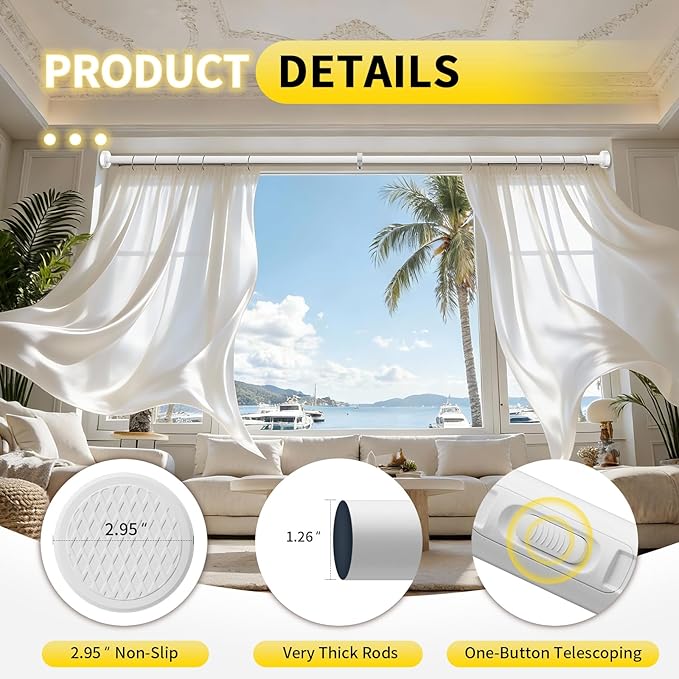 Tension Curtain Rod 39-173In-22Lb Outdoor Extra Long Curtain Rod No Drilling for Window or Bathroom Patio, Adjustable Heavy Duty Shower Curtain Rod, Easy to Install, Never Rust, Non-Slip-White