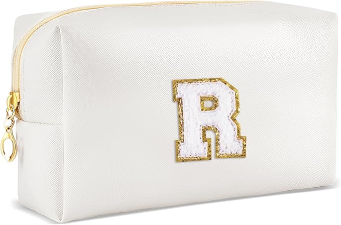 Gifts for Girls Initial Makeup Bag Personalized Cosmetic Bag with Zipper Cute Travel Toiletry Bags Waterproof PU Preppy Makeup Pouch Birthday Gift for Teen Girls Women(White R)