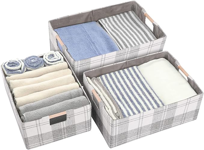 Fabric Storage Bin Box Collapsible Cotton Linen Storage Cube with Wooden Handles Rectangular Decorative Home Organizer Clothes Blanket Basket– Light Gray Plaid, Medium