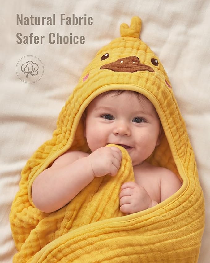 Blissful Diary Muslin Baby Hooded Towel 1 Pack, Soft & Absorbent Bath Towel for Infant, Toddler, Unisex, Baby Gift, Newborn Essentials, Sunny Duck
