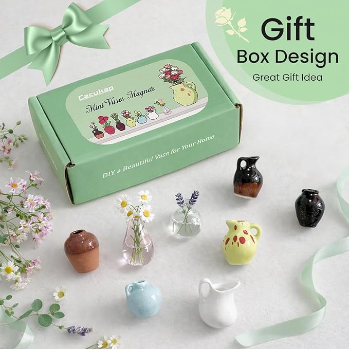 Cute Mini Ceramic Vase Magnets for Fridge, Funny Small Plant Magnets, Tiny 3D Plant Vase for Refrigerator Decoration Kitchen Locker Kitchen Office (8 Pack)