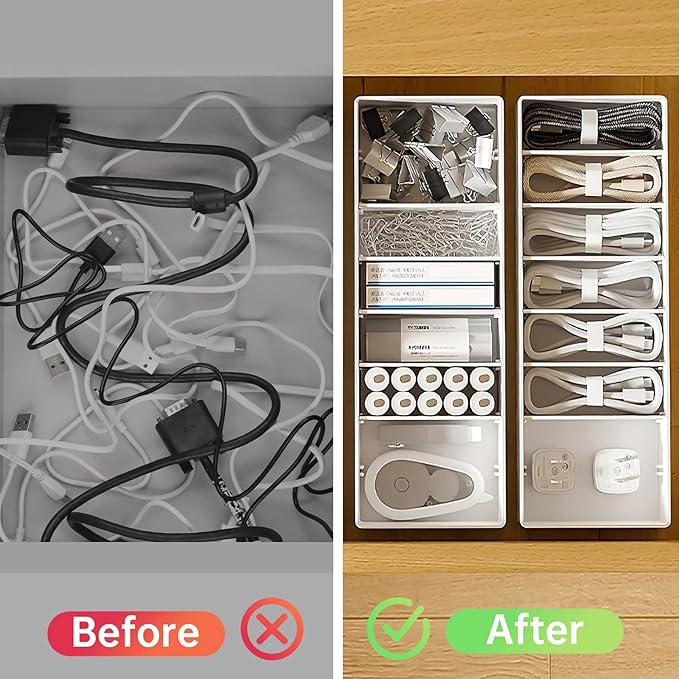 PAVSTINE White Plastic Cable Organizer Box with Adjustment Compartments, Stackable Desk Accessories Storage Case with 7 Wire Ties for Drawer Supplies, Stationery, Battery and Charger Cord Storage