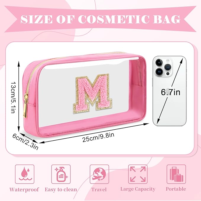 Personalized Initial Letter Clear Makeup Bag, Preppy Small Nylon & PVC Cosmetic Zipper Bag with Chenille Letter, Portable Beach Travel Skincare Toiletry Bag, Trendy Monogram Gift for Teen Girls Women, M