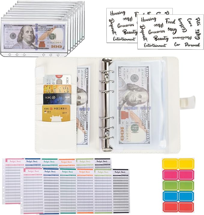 NICOOTHBudget Binder Cash Envelopes A6 Money Saving Binder with Zipper envelopes (White)