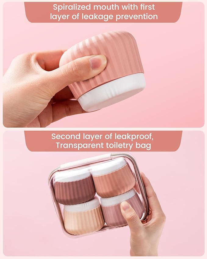 Travel Containers for Toiletries 4 Pack, Clear Hard Zipper Case, TSA Approved Travel Size Toiletries, With Clear Bag Leak Proof Silicone Jars, Cream Jars Carrying Small Items