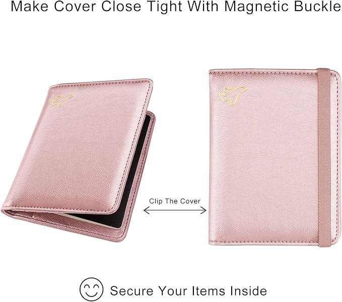 WALNEW Passport Holder for Travel, RFID Passport Cover Wallet for Women Men, PU Leather Passport Book Card Holder Case with Pen (Elastic Band Closure, C-Rosegold)