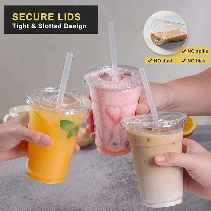 VITEVER [100 Sets - 20oz] Clear Plastic Cups with Lids and Straws, Disposable Cups for Iced Coffee, Smoothie, Milkshake, Cold Drinks