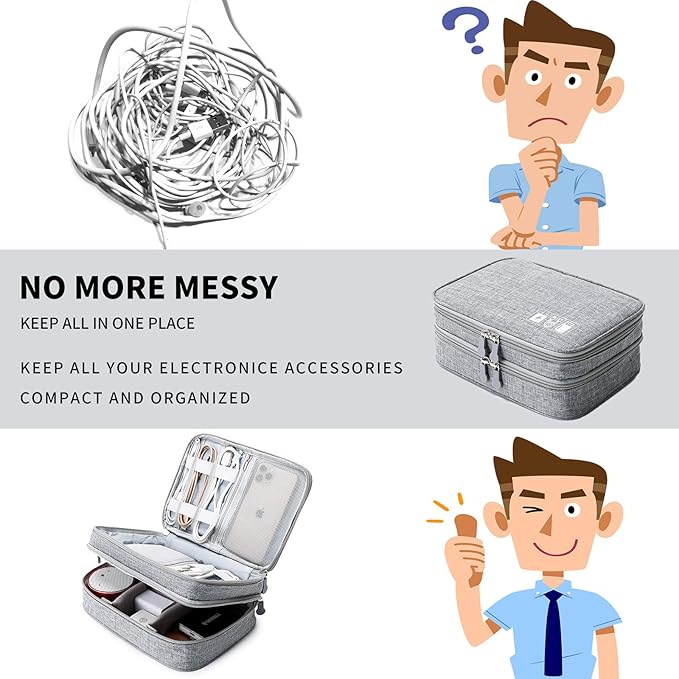 Lanola Travel Cable Organizer Bag, Electronic Accessories Case Portable Double Layer Cable Storage Bag for Cord, Phone, Charger, Flash Drive, Phone, SD Card, Personal Items - (Grey)