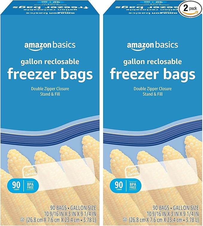 Amazon Basics Freezer Gallon Bags | Stand & Fill Base | 90 Count | Pack of 2