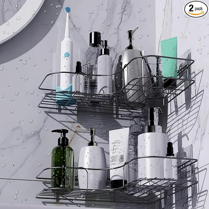 Corner Shower Caddy, 2 Pack Adhesive Shower Corner Organizer Shelves, No Drilling Stainless Steel Shower Storage Rack for Bathroom, Dorm and Kitchen, Black