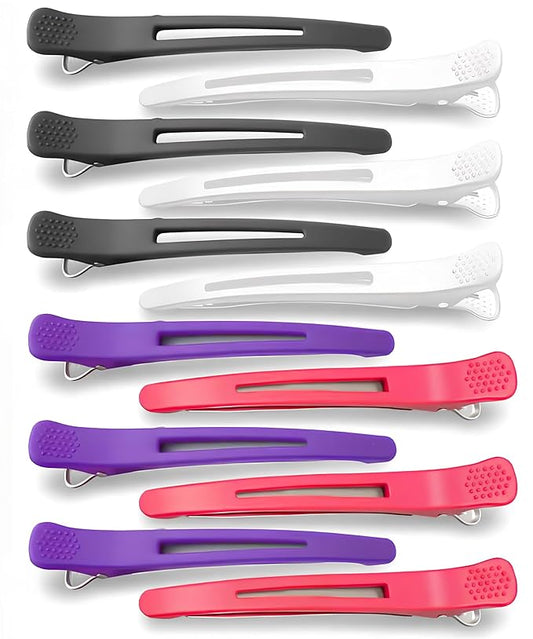 12 PCS Duckbill Hair Clips for Sectioning - 4.3” Professional Non-Slip Hair Clamps with Silicone Band, Gentle No-Mark Hold for Thick Hair, Styling & Coloring, Salon Hairdressing Accessories