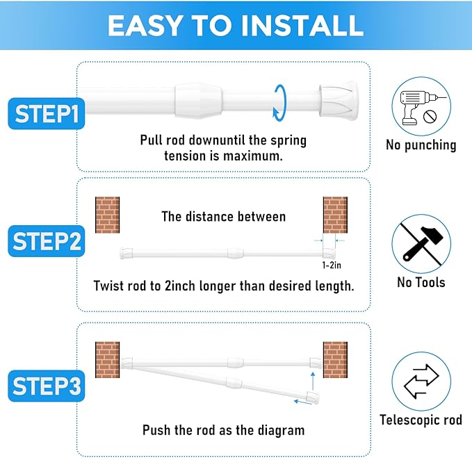 6 Pack Small Tension Rod 12 to 19 Inch Adjustable Tension Curtain Rod Mini Closet Spring Rod No Drilling Short Tension Rods for Windows, Cupboard, Kitchen Cabinets, White
