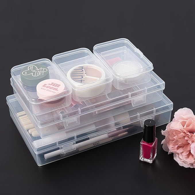 LJY 20 Pieces Mixed Sizes Rectangular Empty Mini Clear Plastic Organizer Storage Box Containers with Hinged Lids for Small Items and Other Craft Projects