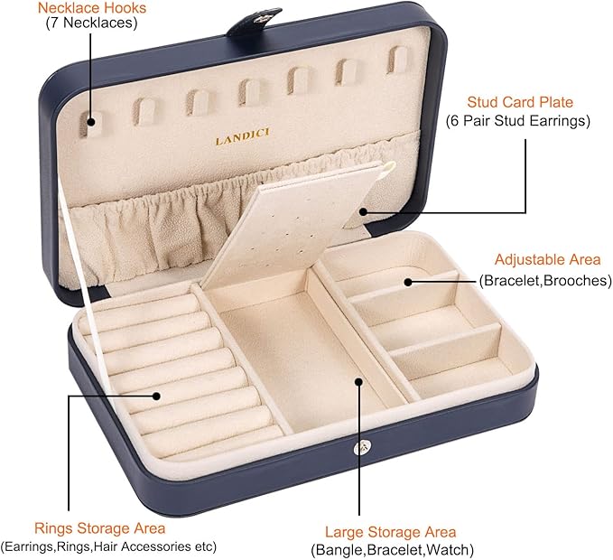 LANDICI Small Jewelry Box for Women Girls, PU Leather Travel Jewelry Case, Portable Jewelry Organizer Storage Holder Display for Ring Earrings Necklace Brooch Men Kids Gift, Dark Blue