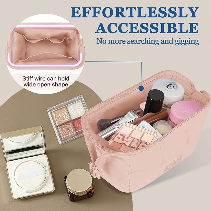 Makeup Bag Travel Toiletry Bag - Puffy Padded Make Up Bag, Waterproof Cosmetic Bag with Multiple Compartments, Wide-open Makeup Pouch for Cosmetics, Toiletries, and Travel Essentials, Pink