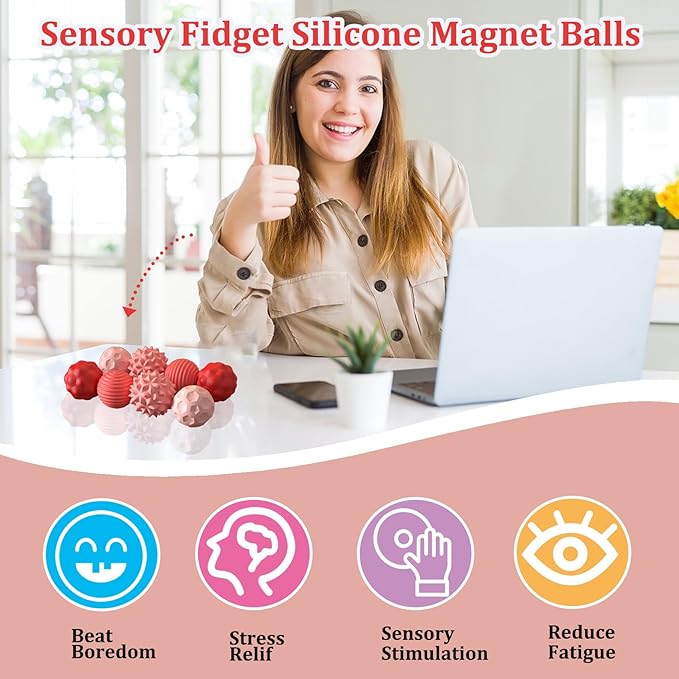 8PCS Sensory Fidget Balls For Adults & Teens, Magnetic Attraction Stress Balls With Silicone Shell-To Calm Restless Hands and Anxious Mind, Quiet Desk Fidget Toys for Office Travel Toys Gift (Pink,8)