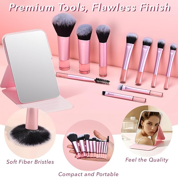 Travel Makeup Brush Set, 77Pcs Mini Makeup Kit Synthetic Foundation Concealers Eye Shadows Brushes Powder Puff with Eyelash Curler Eyebrow Razor Comb Mirror Hair Clips Cosmetic Bag (Pink)