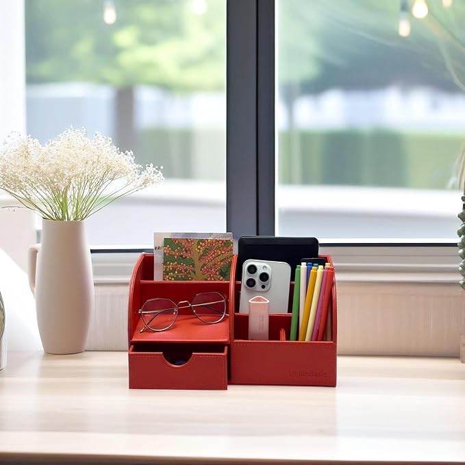 UnionBasic Desk Organizer - Multifunctional Leather Desktop Pen Holder Storage Box - Business Card/Pen/Pencil/Mobile Phone/Stationery Holder, Red
