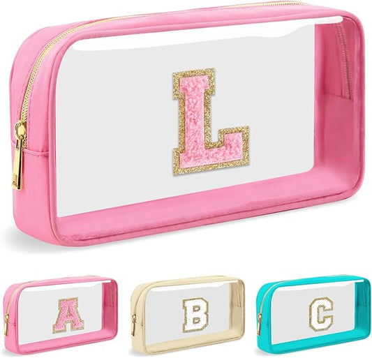 Personalized Initial Letter Clear Makeup Bag, Preppy Small Nylon&PVC Cosmetic Zipper Bag with Chenille Letter, Portable Beach Travel Skincare Toiletry Bag, Trendy Monogram Gift for Teen Girls Women, L