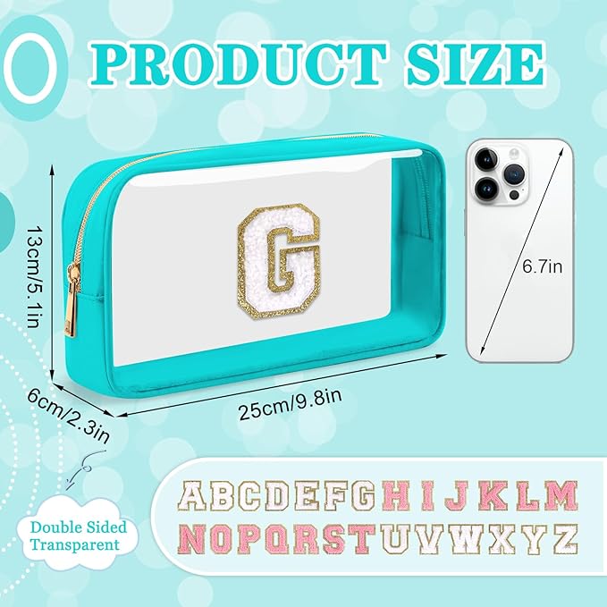 Small Clear Personalized Initial Makeup Bag,Nylon Preppy A-Z Chenille Letter Patch Cosmetic Pouch Beach Toiletry Bag,Waterproof Zipper Travel Purse Storage Bag Organizer for Women Girls(Cyan-White G)