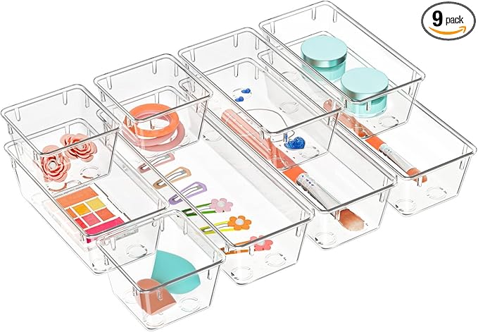 WOWBOX 9 Pack Clear Drawer Organizer Set, Acrylic Drawer Storage Trays, Storage Bins for Makeup, Cosmetics, Jewelries, Utensils, Gadgets, Office