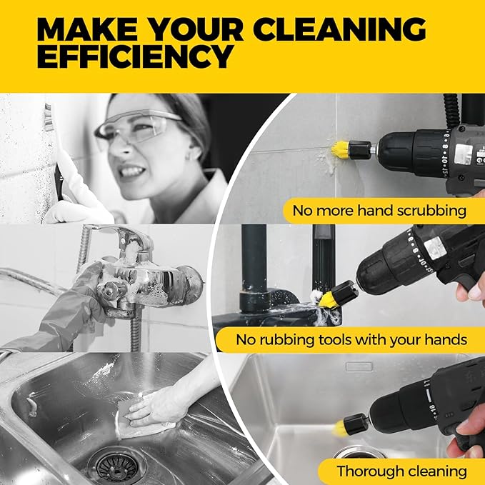 Holikme 9Pack Drill Brush ，All Purpose Drill Brush with Extend Attachment for Bathroom Surfaces, Grout, Floor, Tub, Shower, Tile, Kitchen and Car，Corner,Masonry Brushes，Yellow